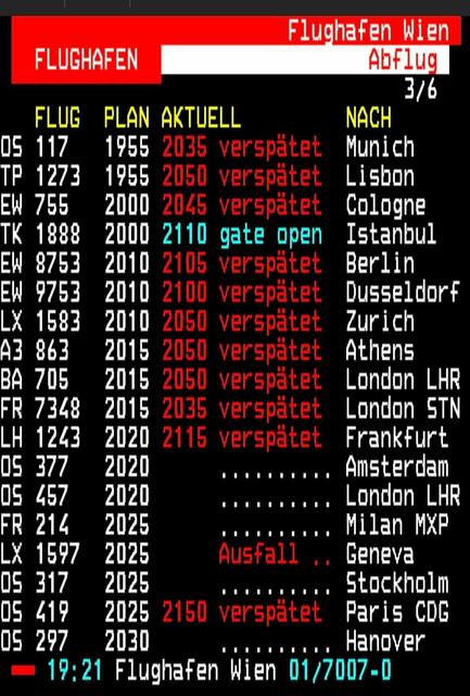 Viele Flüge am Flughafen Wien finden ev. gar nicht bzw. stark verspätet statt. Quelle: ORF Teletext App | Foto: Philipp Steinriegler