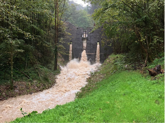 Stürmisch schoss das Wasser in die Tiefe. Die Hochwasserschutzbauten bei Hallein haben ihre Wirkung erzielt. | Foto: Freiwillige Feuerwehr Hallein