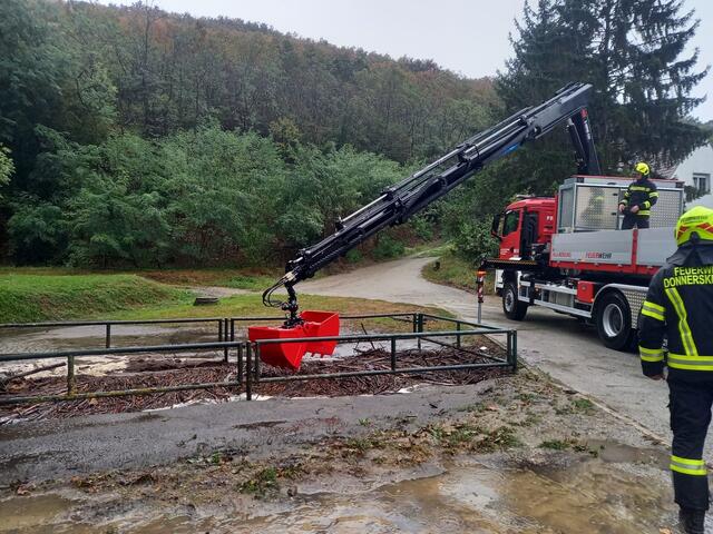 Mittels Kran wurde das angespülte Gehölz entfernt.  | Foto: Johanna Wurm