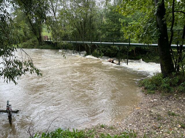 Der Aiterbach in Thalheim Bei Wels hat sich zu einem reißenden Strom entwickelt. | Foto: MeinBezirk/Traxler