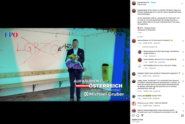 FPÖ OÖ-Landesparteisekretär Michael Gruber wirft eine Regenbogenfahne in den Müll.  | Foto: Screenshot Instagram