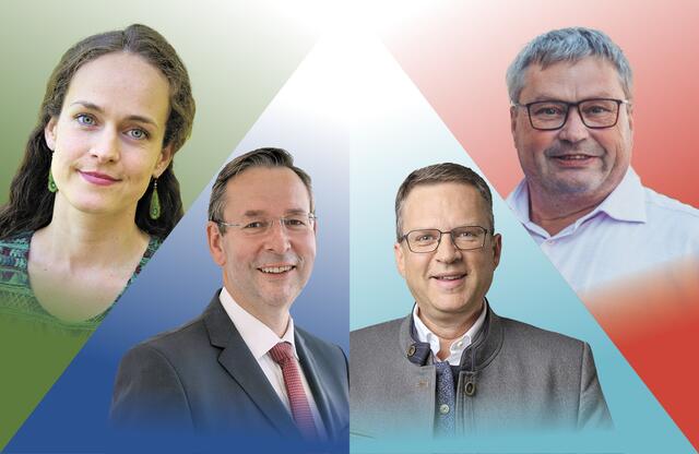 Was erwarten sich Schärdings Politiker und Spitzenkandidaten von der Nationalratswahl? V. l.: Sarah Birn, Hermann Brückl, August Wöginger und Karl Walch. | Foto: FPÖ, ÖVP, MecGreenie, Birn/Fotomontage MeinBezirk