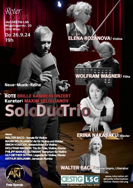 Programmiert Neue Musik um drei Instrumente im Solo, Duo, Trio“: Maxim Seloujanov in „Die Rote Brille“. | Foto:  © Fotos: privat, Elfi Oberhuber; Plakat: OESTIG 