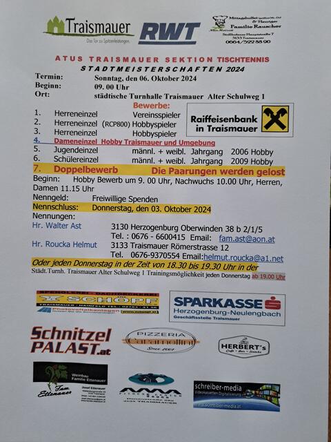 Ausschreibung Stadtmeisterschaft von Traismauer 