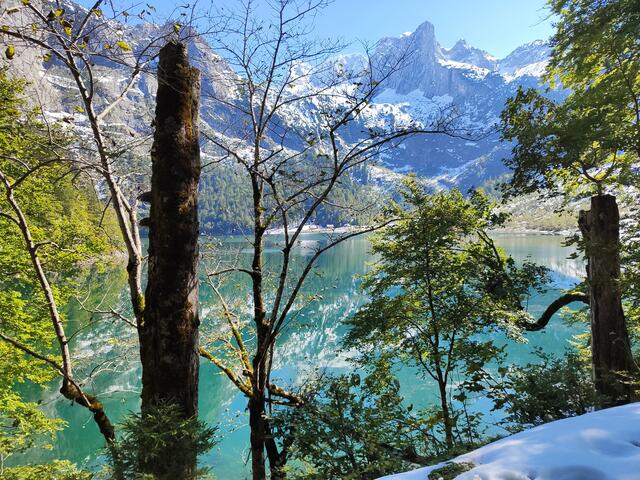 der erste Blick auf den Hinteren Gosausee und die Holzmeister-Almhütte... | Foto: I.Wozonig