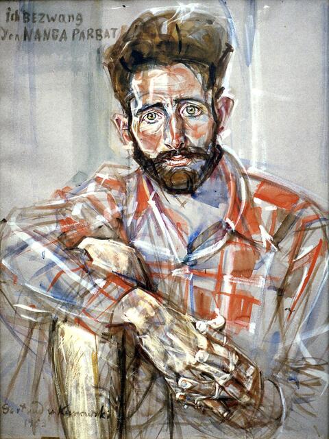 Gertrud von Kunowski, "Ich bezwang den Nanga Parbat", Porträt von Hermann Buhl, Aquarell, 1953  | Foto: Alpenverein-Museum, Innsbruck.