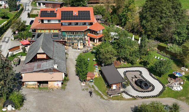 Vogelperspektive Gasthaus Wanderl mit Parkplatz, Techanlage und Kindererlebniswelt. | Foto: Wolfgang Köllner