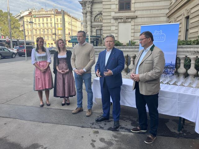 Bürgermeister Michael Ludwig (SPÖ) war auch dieses Jahr zu Besuch bei der kleinsten Rebfläche Wiens. Am Schwarzenbergplatz blickte man zurück auf das Weinjahr 2024. | Foto: Andras Pölzl