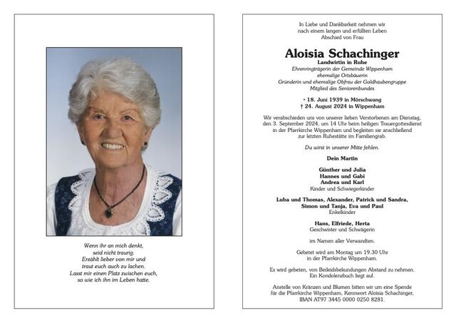 Aloisia Schachinger, verstorben am 24. August 2024, im 86. Lebensjahr. | Foto: Hirnschrodt