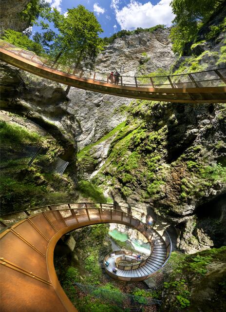 Ein Highlight der Klamm ist die berühmte Helix-Treppe. | Foto: Atelier Oczlon