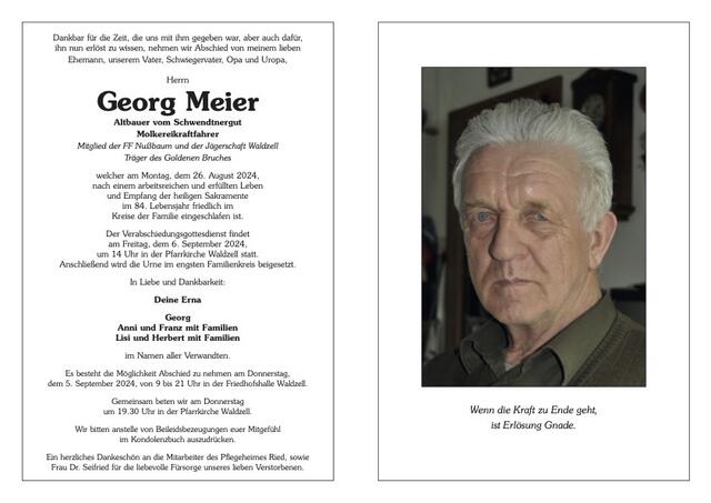 Georg Meier, Waldzell, verstorben am 26. August, im 84. Lebensjahr. | Foto: Meier