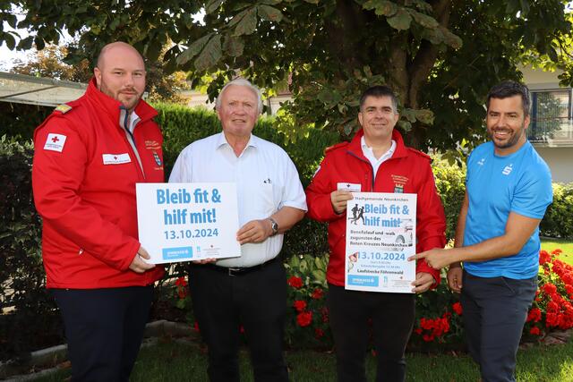 Rot-Kreuz-Bezirksstelleleiter Thorsten Reisenbauer, Rot-Kreuz-Bezirksrettungskommandant Paul Pilshofer, Bürgermeister Herbert Osterbauer und Sparkassen-Filialleiter Horst Teigl stehen für das Benefiz-Event schon in den Startlöchern. | Foto: Stadtgemeinde Neunkirchen