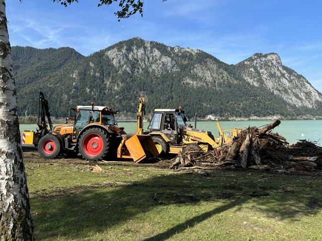 Auch mit schwerem Gerät versuchte man in Ebensee am Ufer des Traunsees, dem Schwemmholz Herr zu werden. | Foto: Sabine Promberger