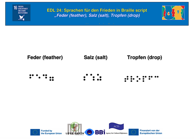 EDL24 Posterkarte
ERASMUS+ Projekt LeMOON 
Braille-Schrift, Feder, Salz, Tropfen | Foto: Tatjana Christelbauer