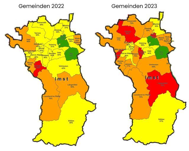 Auch wenn es nur eine Momentaufnahme ist: Der Verschuldungsgrad ist von 2022 (links) auf 2023 (rechts) in vielen Gemeinden deutlich gestiegen. | Foto: Land Tirol