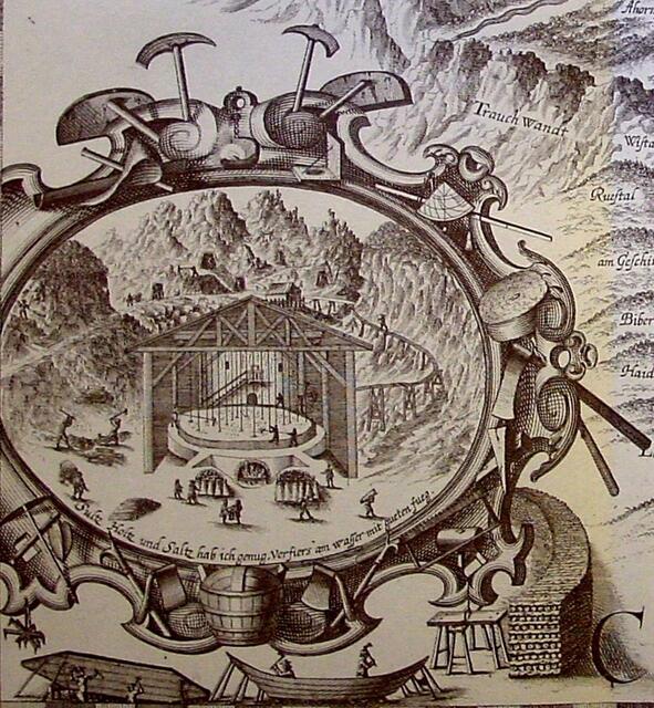 Ausschnitt der Karte von Matthäus Vischer OÖ 1667 mit einer Vignette zum Salzkammergut, mit Sudhaus, Soleleitung und Objekten zum Holzmachen und Salzsieden. | Foto: Michael Kurz