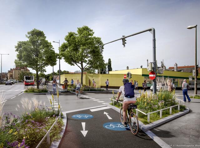 Auch Lückenschlüsse im Radnetz können zu mehr Sicherheit führen. So soll der neue Radweg am Atzgersdorfer Platz aussehen, der im Zuge der großen Radwegoffensive gebaut wird.  | Foto: ZOOMVP/Mobilitätsagentur Wien