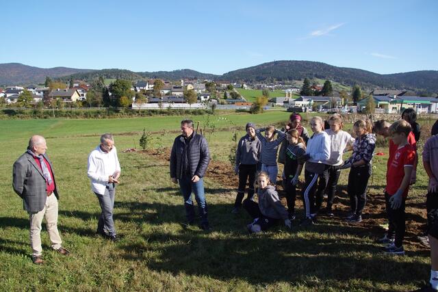 Andreas Gabriel (2.v. l.) Obmann des eigens gegründeten Vereins „Generationengarten BAPH Ulrichsberg“ erläutert das Projekt bei der Auftaktaktion.  Mit dabei Bezirkshauptmann Valentin Pühringer (l) und Ulrichsbergs Bürgermeister Wilfried Kellermann (3.v.l.)  | Foto: Helmut Eder