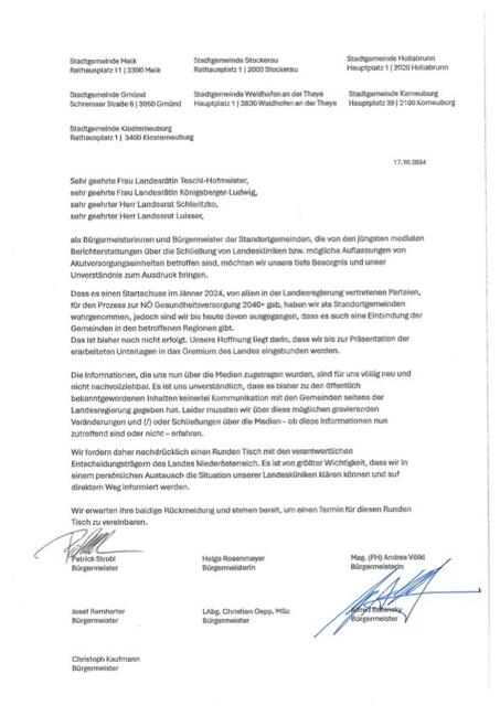 Den Brief an die Landesregierung wegen möglicher Spitalschließungen:
(mittlerweile wurde der Brief von allen Bürgermeistern unterzeichnet, Anm. d. Red.) | Foto: Stadtgemeinde Waidhofen