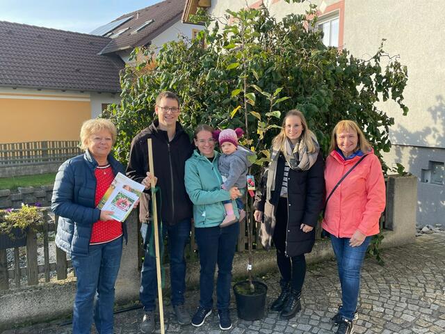 Anette Töpfl (r.) überreichte gemeinsam mit den Gemeinderätinnen Aloisia Mlejnek (l.) und Susanne Österreicher (2.v.r.) ein Lebensbäumchen für die kleine Sophie an die Familie Markus und Lisa Therese Haider.
  | Foto: ÖVP Vitis