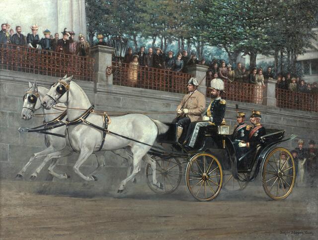 Kaiser Franz Joseph und König Alexander von Serbien in einer Leib-Victoria in Bad Ischl (1.2 MB)
Berthold Dominik Lippay, 1891. Kunsthistorisches Museum Wien, Wagenburg | Foto: KHM-Museumsverband
