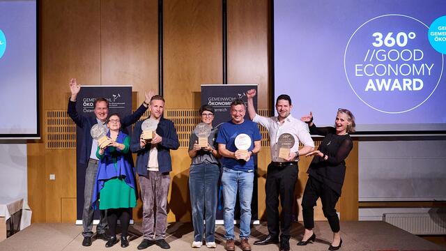 Bild v.l.n.r.: Bundesverband Gemeinwohl-Ökonomie Österreich Obmann Gebhard Moser, Andrea Heistinger (Ernst Gugler, gugler*), Seppi Sigl (Trumer Privatbrauerei), Klaudia Fischer (Raiffeisenbank Lech am Arlberg), Günther Jedliczka (OeAD student housing), Georg Pastuzyn (Stadthotel Henriette Vienna), 360° NETZWERK-Leiterin Sabine Lehner. © FOTO FLAUSEN | Foto: © GWÖ 360° FORUM, FOTO FLAUSEN