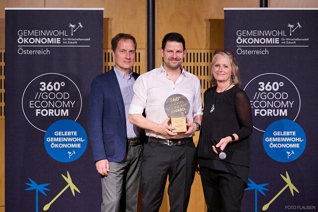 Bild v.l.n.r.: Bundesverband Gemeinwohl-Ökonomie Österreich Obmann Gebhard Moser, Georg Pastuzyn (Stadthotel Henriette Vienna), 360° NETZWERK-Leiterin Sabine Lehner. © FOTO FLAUSEN | Foto: © GWÖ 360° FORUM, FOTO FLAUSEN