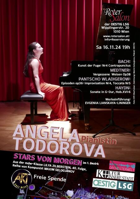 Die stilisierende Pianistin ANGELA TODOROVA gestaltet Werke von HAYDN, BACH, MEDTNER und WLADIGEROW.  | Foto: © Malerei: Maxim Seloujanov, Foto: Elfi Oberhuber, Plakat: OESTIG 