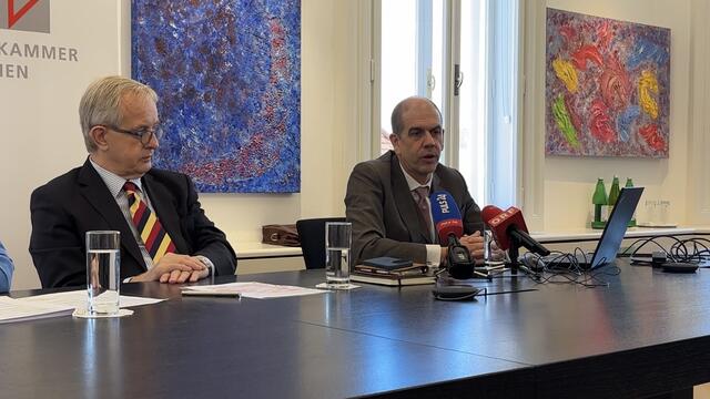 Meinungsforscher Peter Hajek (r.) erklärt die Daten und was diese aussagen würden. | Foto: Johannes Reiterits/MeinBezirk