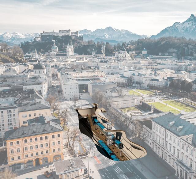 Die Lokalbahn Salzburg wird unterirdisch bis zum Mirabellplatz verlängert. [Vermerk: Diese Darstellung ist symbolisch. Die tatsächliche Ausführung – etwa bei der Farbgebung der Züge – kann davon abweichen.] | Foto: Franz Neumayr