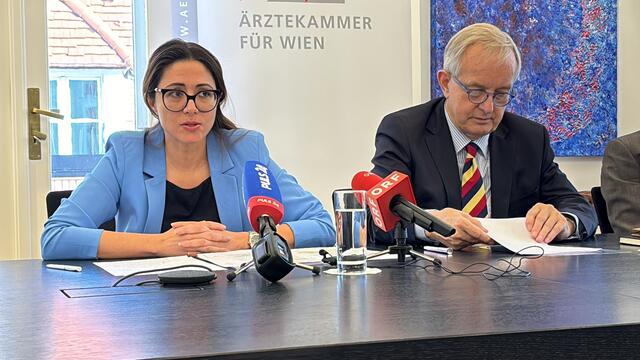 Die Vizepräsidentin der Kammer sowie Kurienobfrau der niedergelassenen Ärzte, Naghme Kamaleyan-Schmied, stellt ein ganzes Forderungspaket vor. | Foto: Johannes Reiterits/MeinBezirk