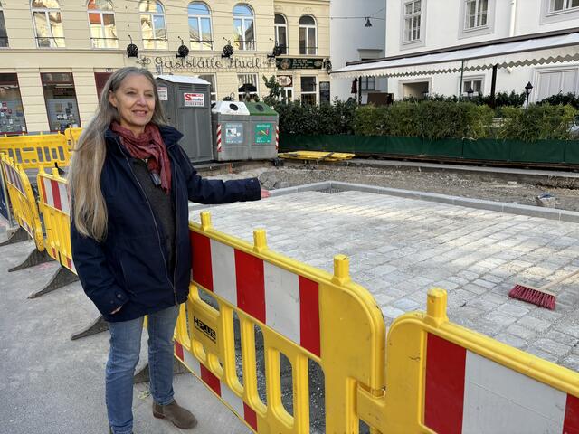 Nach langem Warten werden in der Dominikanerbastei und der Postgasse wieder Pflastersteine gelegt, zeigt Vize-Bezirksvorsteherin Patricia Davis (ÖVP). | Foto: Nathanael Peterlini/MeinBezirk