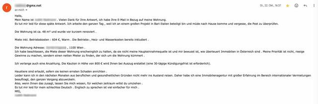 Eine Frau, die angeblich in Bari an einem "großen Projekt" arbeitet, meldete sich bei Jonas. | Foto: zVg