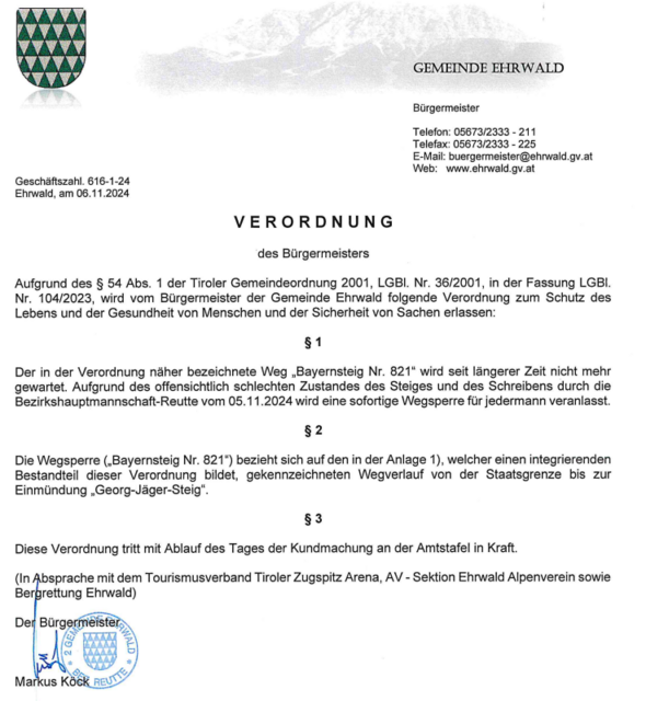 Die Verordnung der Gemeinde Ehrwald.