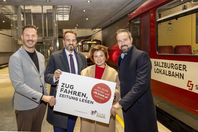 Von links: Reinhard Gassner (Geschäftsführer Salzburg Linien GmbH), Michael Baminger (Vorstandssprecher der Salzburg AG), Gerlinde Hagler (Geschäftsführerin Salzburg Linien GmbH) und Landeshauptmann Stellvertreter Stefan Schnöll. | Foto: Salzburg AG