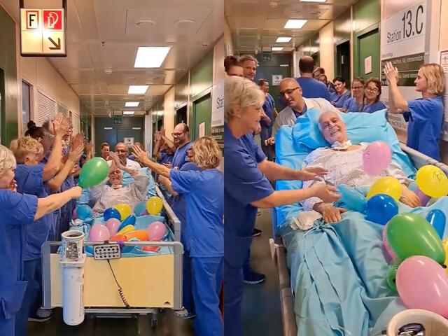 Ein süßes Video sorgt auf LinkedIn für Tränen in den Augen: Ein Mann wurde nach einer Lungentransplantation und mehreren OPs nach etwa 150 Tagen von der AKH-Intensivstation entlassen.  | Foto: Screenshot Universitätsklinikum AKH Wien/LinkedIn