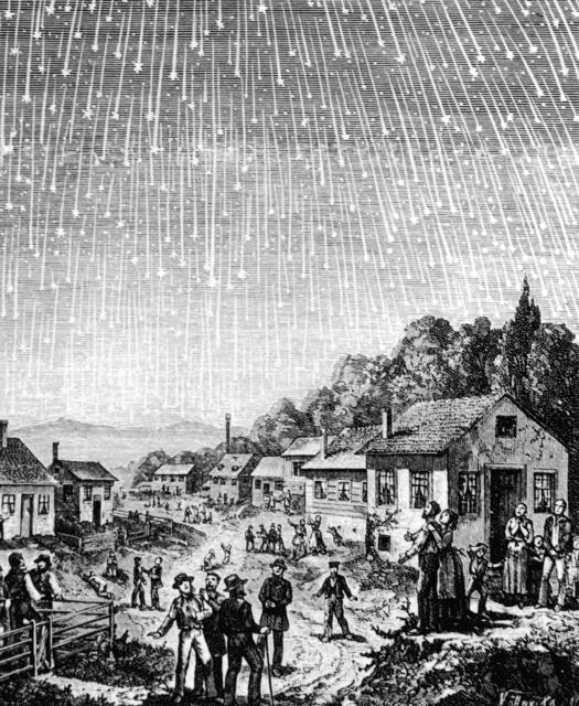 Die Leoniden wurden erstmals 1833 als bedeutendes astronomisches Ereignis dokumentiert. Hier eine berühmte Darstellung des Meteorsturms von 1833, die 1889 für das Buch der Siebenten-Tags-Adventisten "Bible Readings for the Home Circle" angefertigt wurde. | Foto: Science Source / PhotoResearchers / picturedesk.com