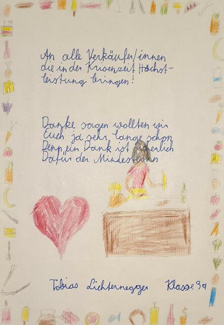 Mit Briefen und Zeichnungen bedanken sich die Goiserer Volksschüler bei allen Menschen, die derzeit Arbeiten, um die Grundversorgung des Landes aufrecht zu erhalten. | Foto: VS Bad Goisern