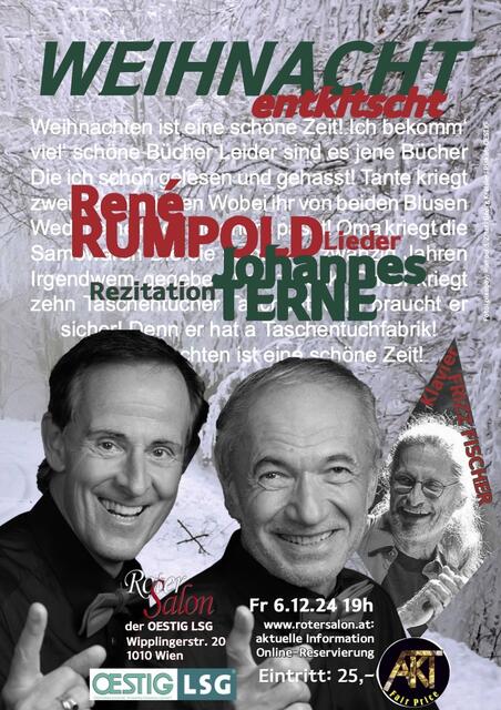 Musical-Star René Rumpold und Schauspieler Johannes Terne feiern mit Humor und Liedern Weihnachten.  | Foto: © pixabay, Rumpold, Zitat: Georg Kreisler; Plakat: OESTIG