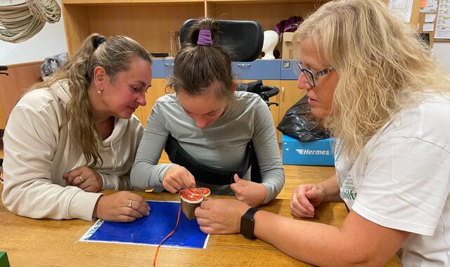 Mit voller Konzentration fädelt Nikola die Bänder in die weihnachtlichen Dekoartikel ein. | Foto: MeinBezirk Perg