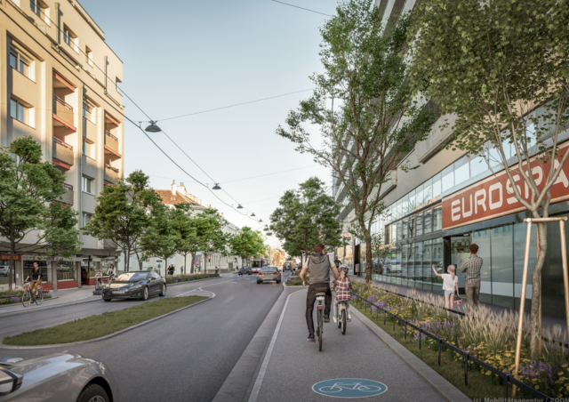 Die große Radwegoffensive sieht für 2025 den Bau von 1,3 Kilometer beidseiten Ein-Richtungs-Radwegen in der Leopoldauer Straße vor. | Foto: Mobilitätsagentur Wien/ZOOMVP.AT