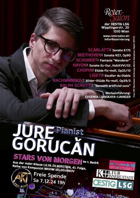 Rhythmisch konzentiert und selbstbewusst: Pianist Jure Gorucan.  | Foto: © Zeichnung: Maxim Seloujanov, Foto: Elfi Oberhuber, Plakat: OESTIG 