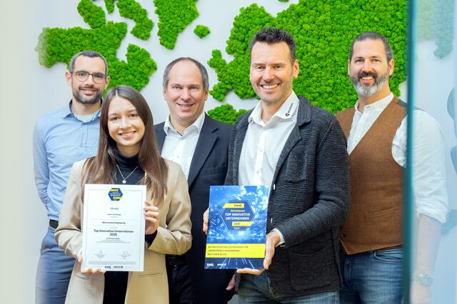 Das Team von Microtronics ist stolz auf den 24. Platz im Ranking der 100 innovativsten Unternehmen Österreichs 2025: Klaus Potzmader, Bettina Mosch, Martin Mayer, Martin Buber, Stefan Pfeffer | Foto: Microtronics