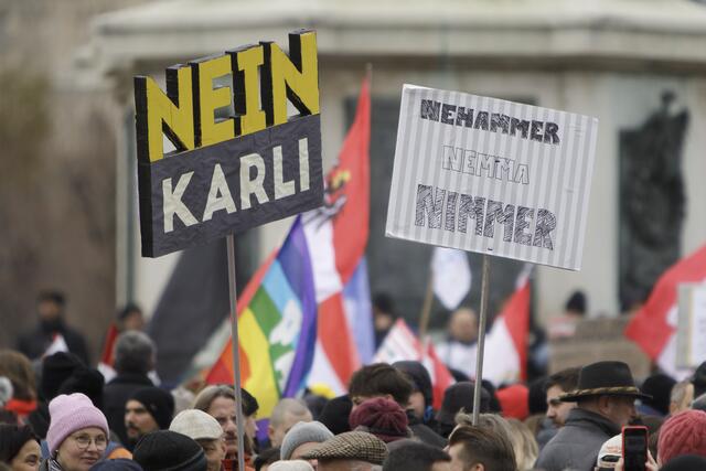 Auf selbstgebastelten Schildern war etwa "Nein, Karli" oder "Stoppt den Demokratiemissbrauch" zu lesen. | Foto: ALEX HALADA / APA / picturedesk.com