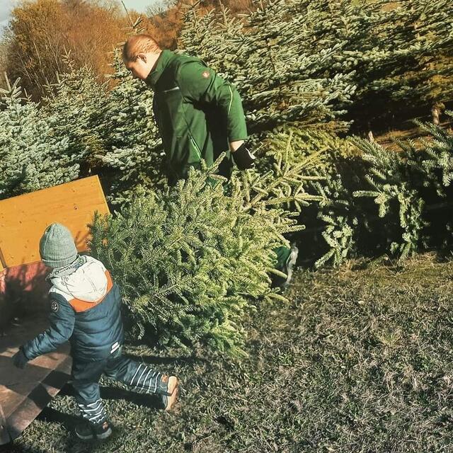Fuchs Daniel beim Christbaumverkauf, mit der nächsten Generation eines potenziellen Christbaumproduzenten, dem Sohn Ben Fuchs. | Foto: Fuchs Daniel