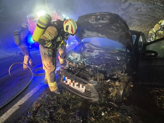 Beim Eintreffen der Feuerwehr stand der verunfallte Pkw bereits teilweise in Flammen. Die Fahrzeuglenkerin konnte glücklicherweise vorher selbstständig den Pkw verlassen. | Foto: Freiwillige Feuerwehr Neumarkt