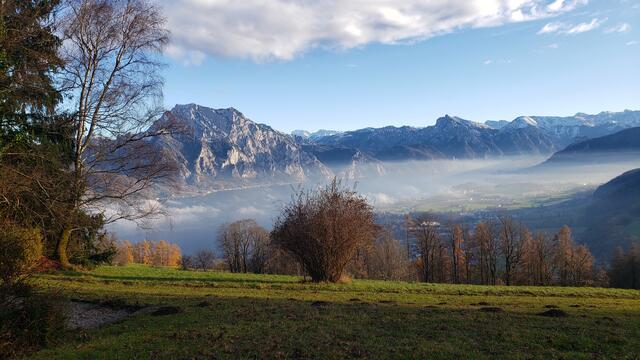 Herbstlicher Blick vom Berg zum angezuckerten Traunstein und zum leicht vernebelten Traunsee.