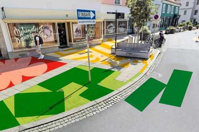 So stellt sich das Künstlerkollektiv "Holla Hoop" die Begegnungszone beim Lendplatz vor. Die Gestaltung der Street-Art orientiert sich an Objekten im Umfeld, etwa den grünen Eurokisten und Bauernmarkt-Sonnenschirmen. | Foto: Holla Hoop