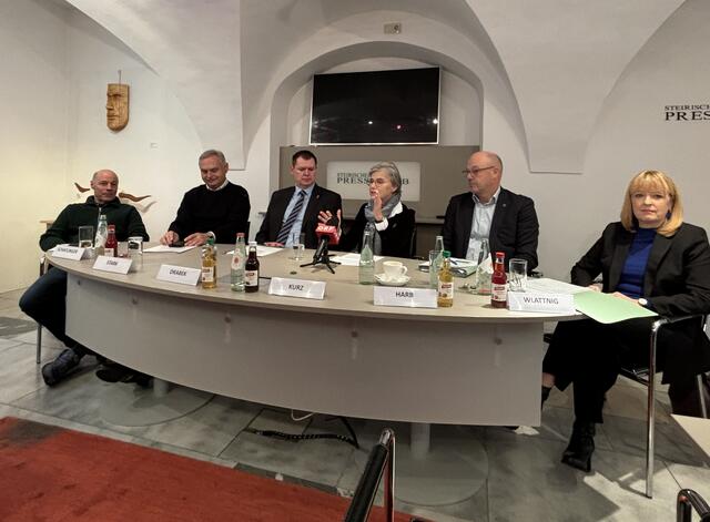 Weckruf an die Politik: Erich Schaflinger (Vorsitzender des Landeskoordinationsgremiums für Versorgungssicherheit), Gerhard Stark (KAGes-Vorstandsvorsitzender), Ulf Drabek (KAGes Finanz-Vorstand), Andrea Kurz (Rekorin Med Uni Graz), Josef Herb (ÖGK) und Patientenanwältin Michaela Wlattnig (v.l.) | Foto: MeinBezirk