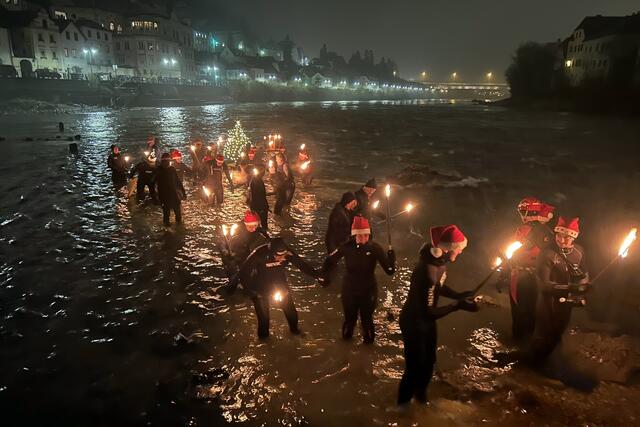 Die Taucher schwimmen mit dem Weihnachtsbaum in der Enns. | Foto: Klaus Mader